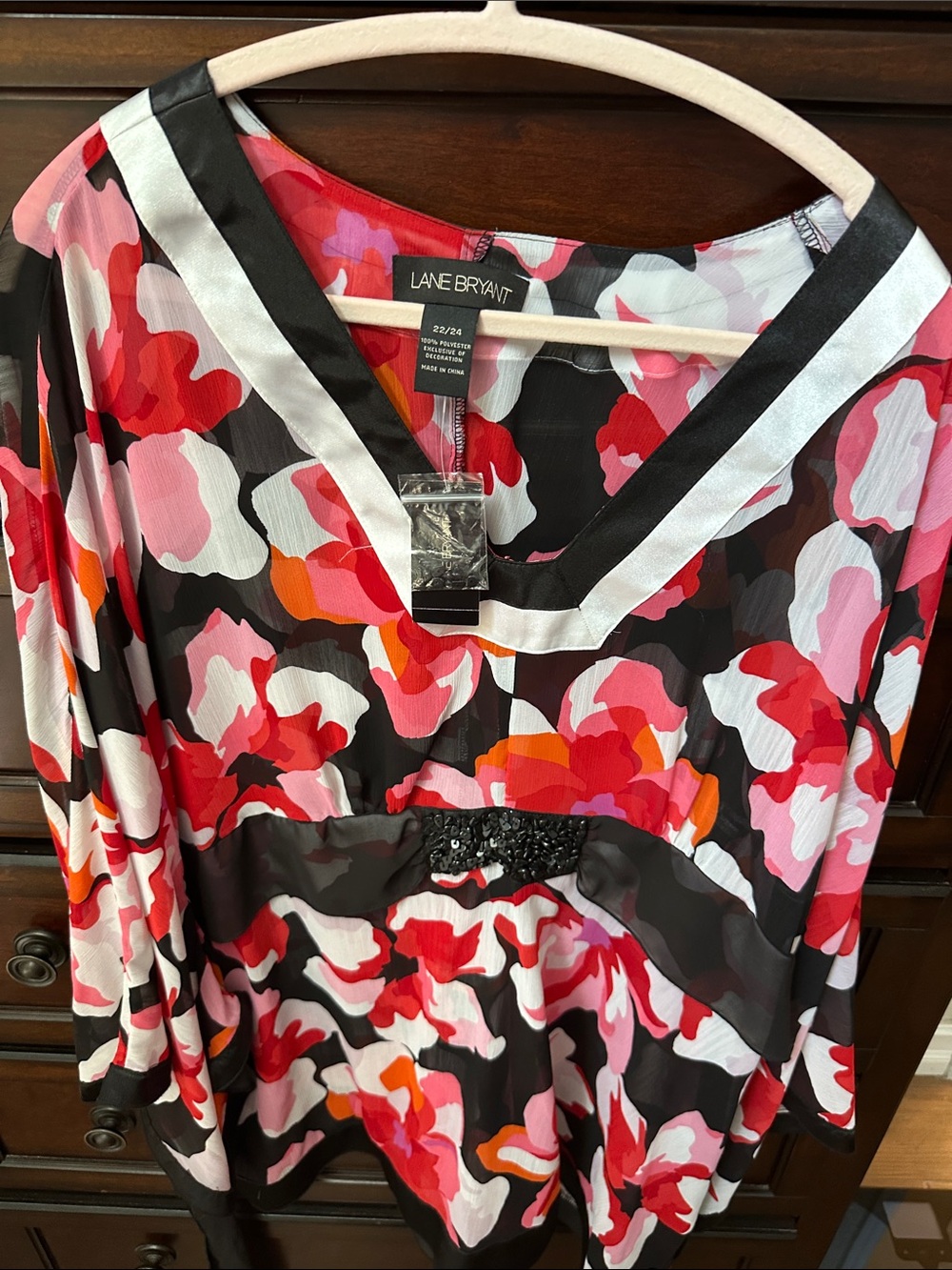Lane Bryant Pink Red Black Floral V-Neck Blouse